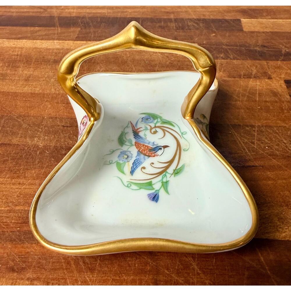 Vintage Limoges Castel Porcelain Basket Dish: Bird Floral Gold Gilt Handle - Picture 8 of 15